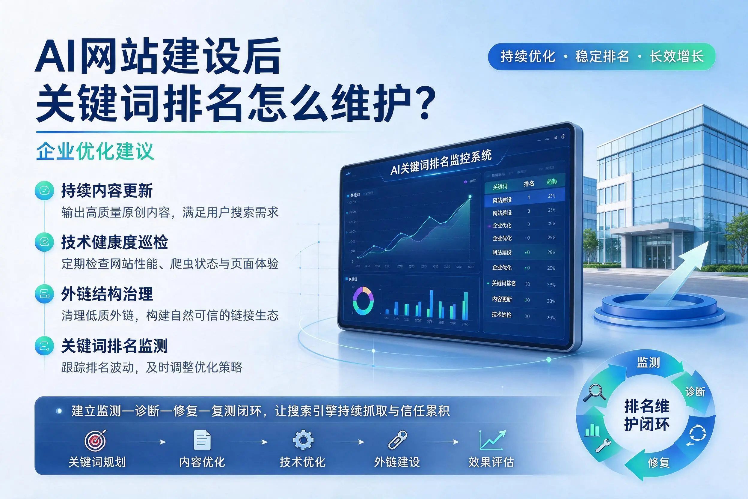 AI网站建设后关键词排名怎么维护？宿州企业优化建议
