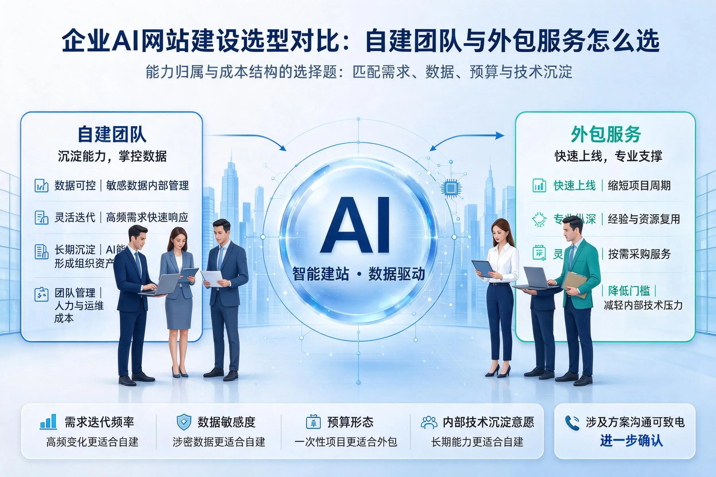 宿州企业AI网站建设选型对比:自建团队与外包服务怎么选